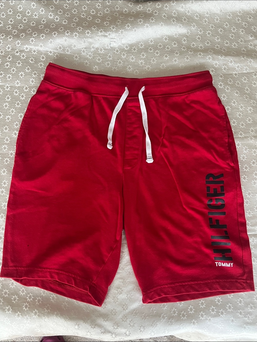 Tommy Hilfiger Red Athletic Drawstring Shorts with White Tie and Black Logo